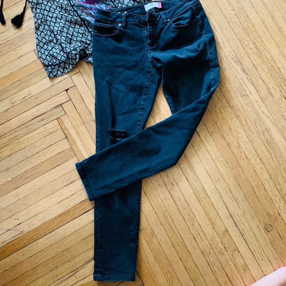 CABi Distressed Black Skinnies, Low Rise
